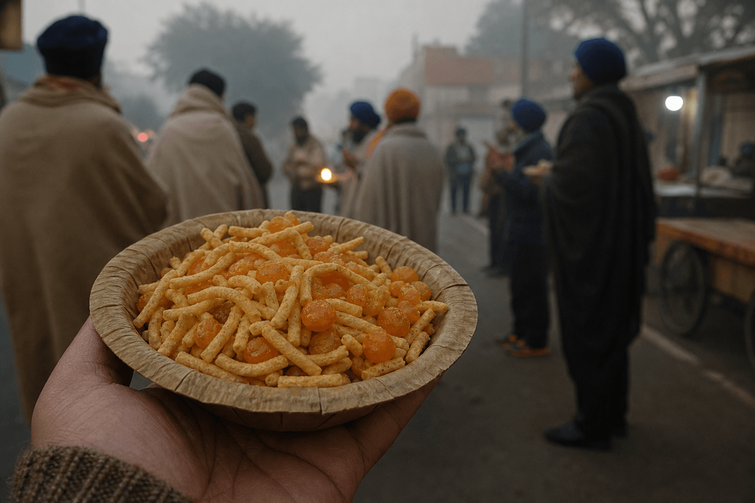 Badana seviyan prashad in a leaf bowl on a cold Punjab parbhat pheri morning with orange badane visible