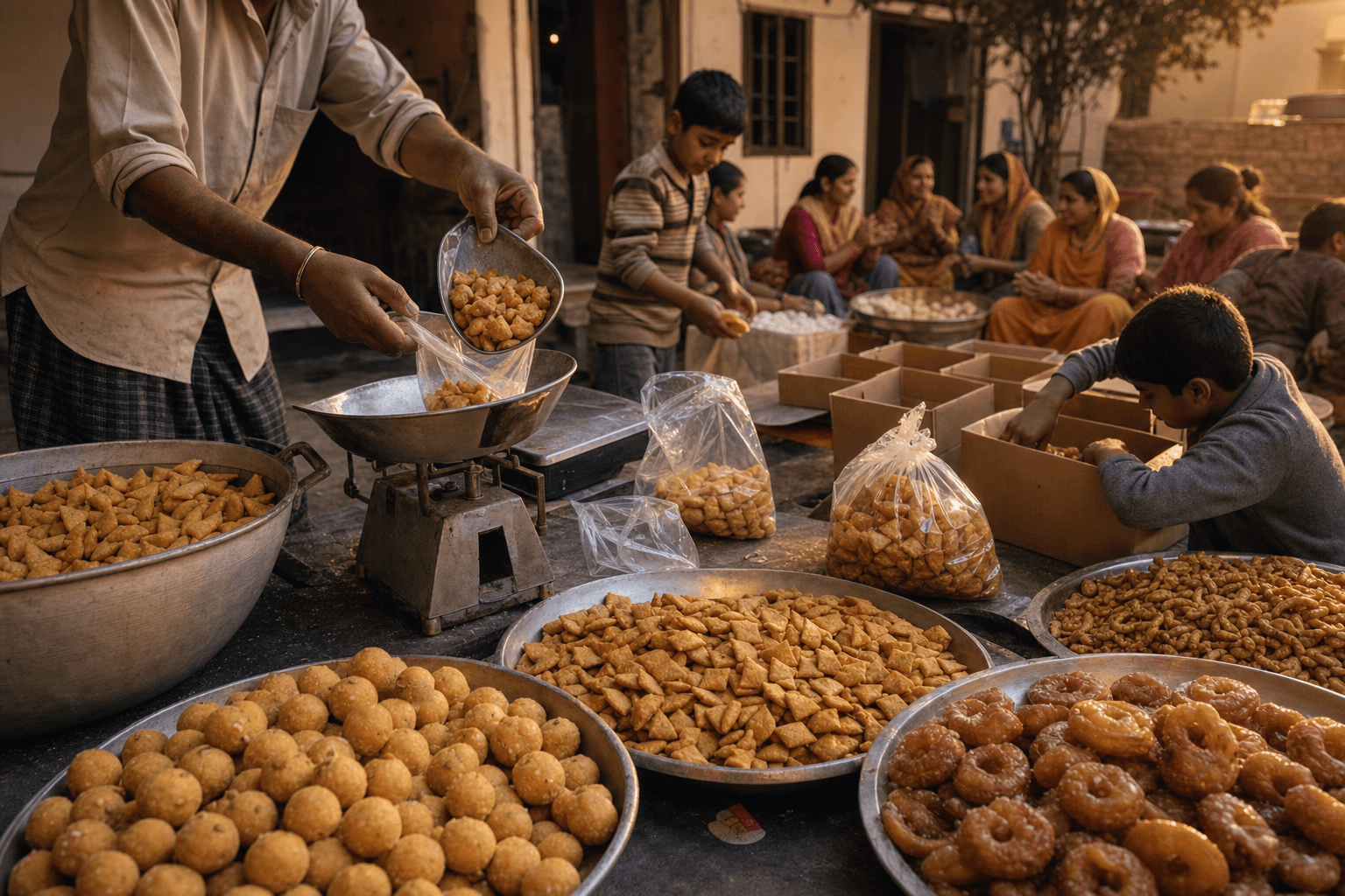 Punjabi wedding bhaji sweets being weighed and packed into boxes during pre-wedding preparations.