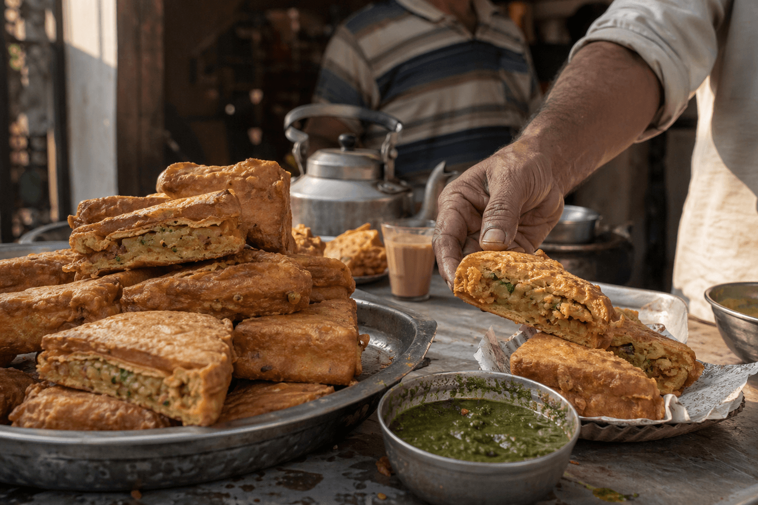 Hot bread pakora served at a roadside stall with chutney, steam, and the feeling of a filling monsoon snack