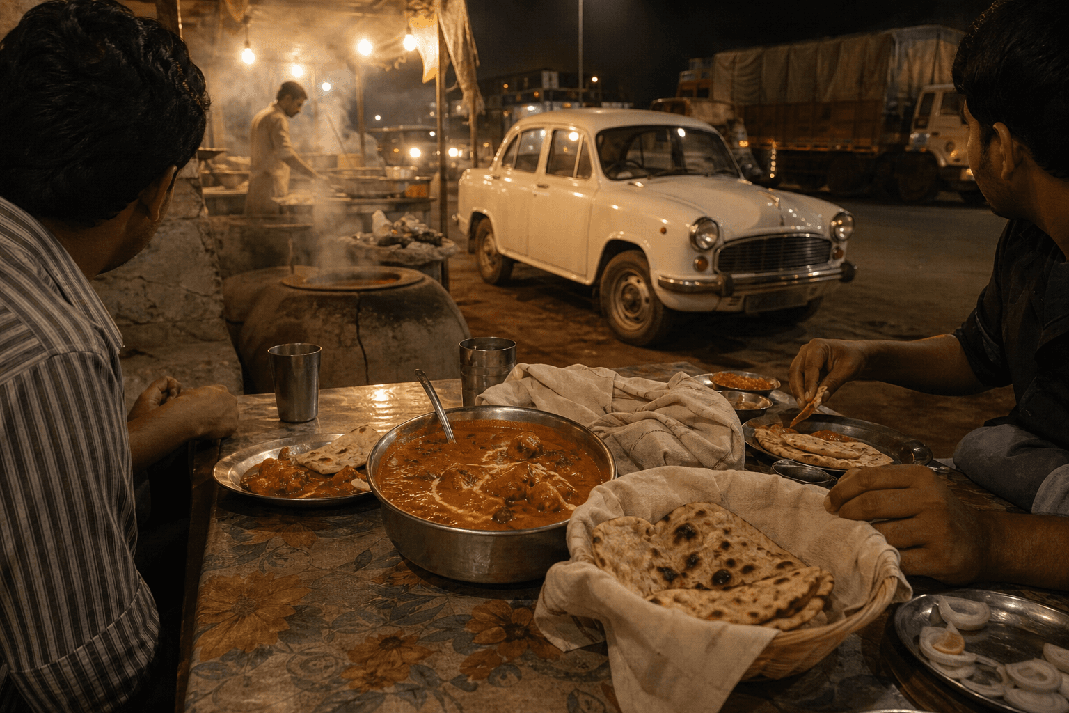 A late-night GT Road dhaba table with butter chicken, tandoori roti, and a white Ambassador parked nearby.