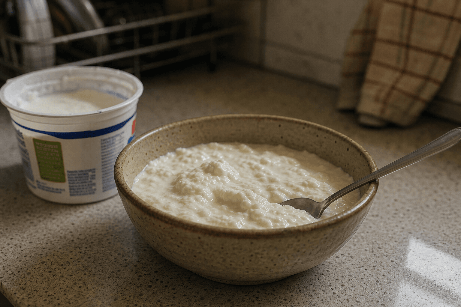 Homemade dahi beside a store-bought yogurt cup in a quiet diaspora apartment kitchen