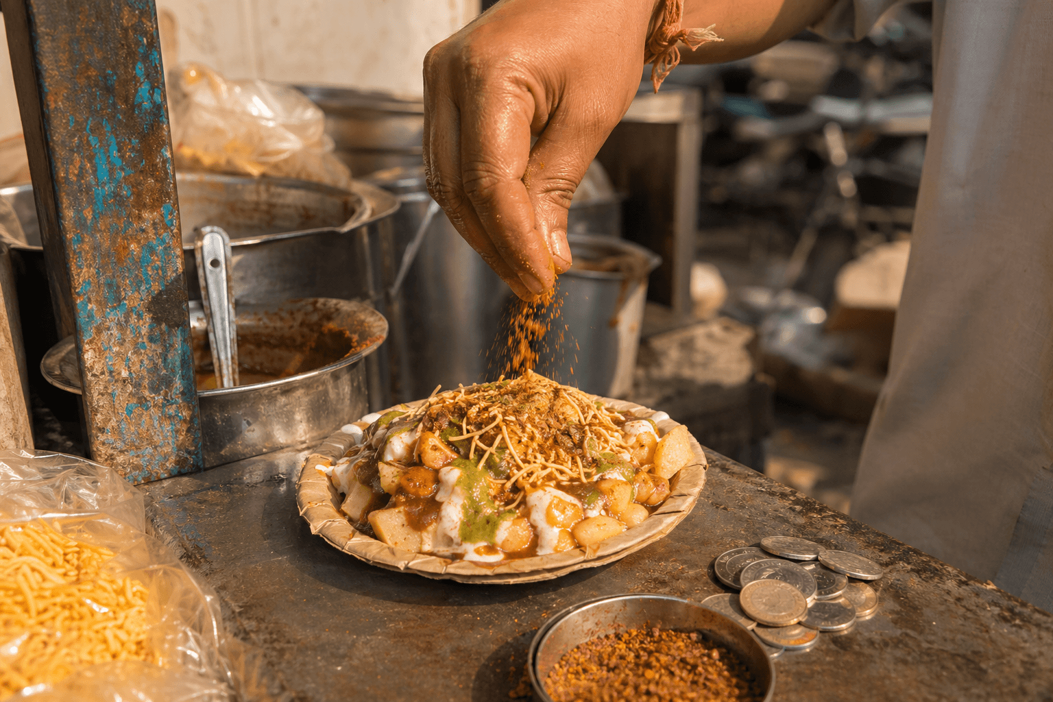 Roadside chaat served from a small Indian cart with sev, dahi, chutney, and coin-counting street-food memory