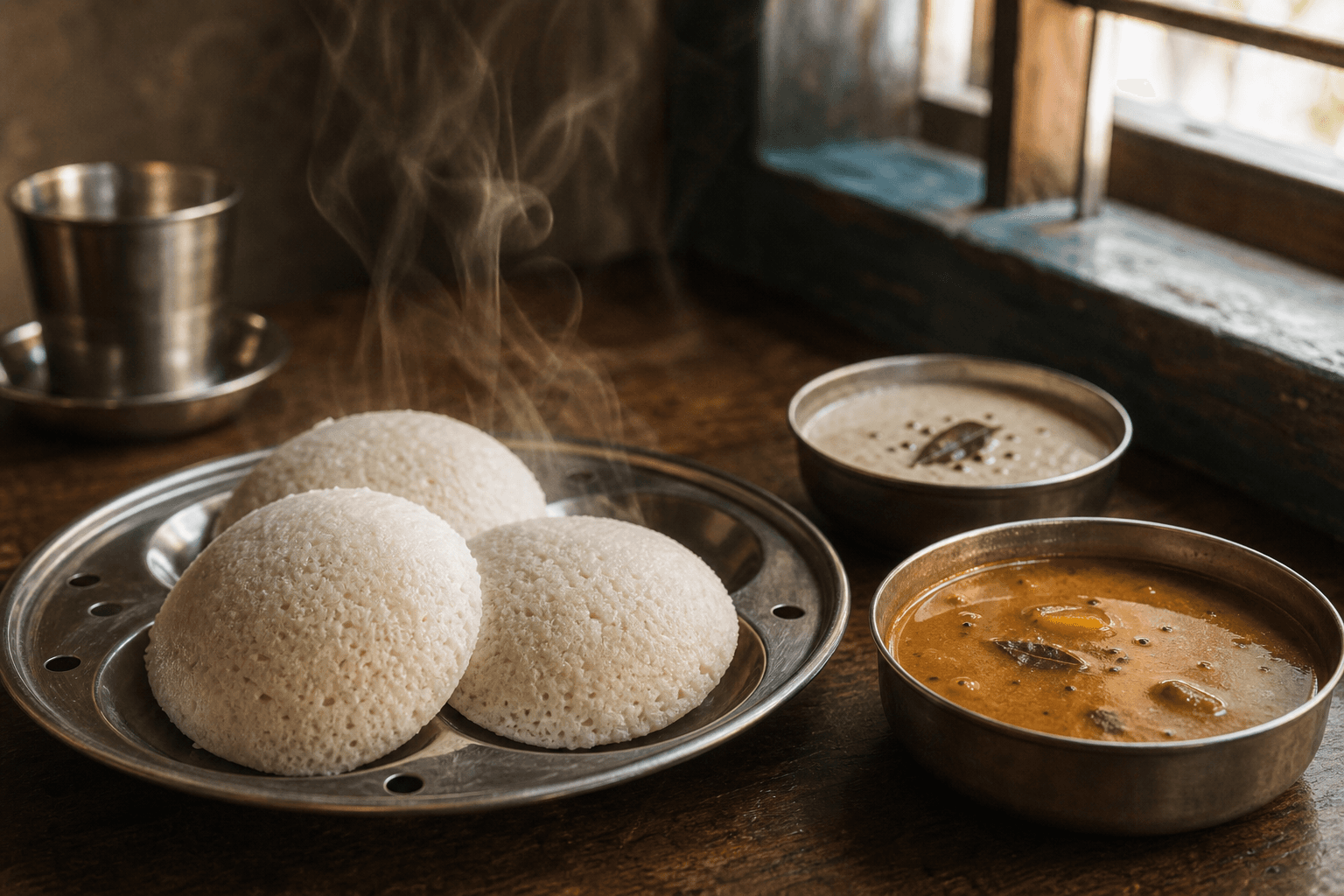 Steaming idlis on a steel plate with sambar and coconut chutney in a traditional South Indian breakfast setting