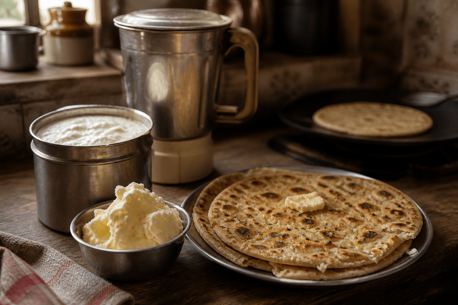 Homemade makhan in a steel katori beside hot mooli paranthas in a Punjabi kitchen.