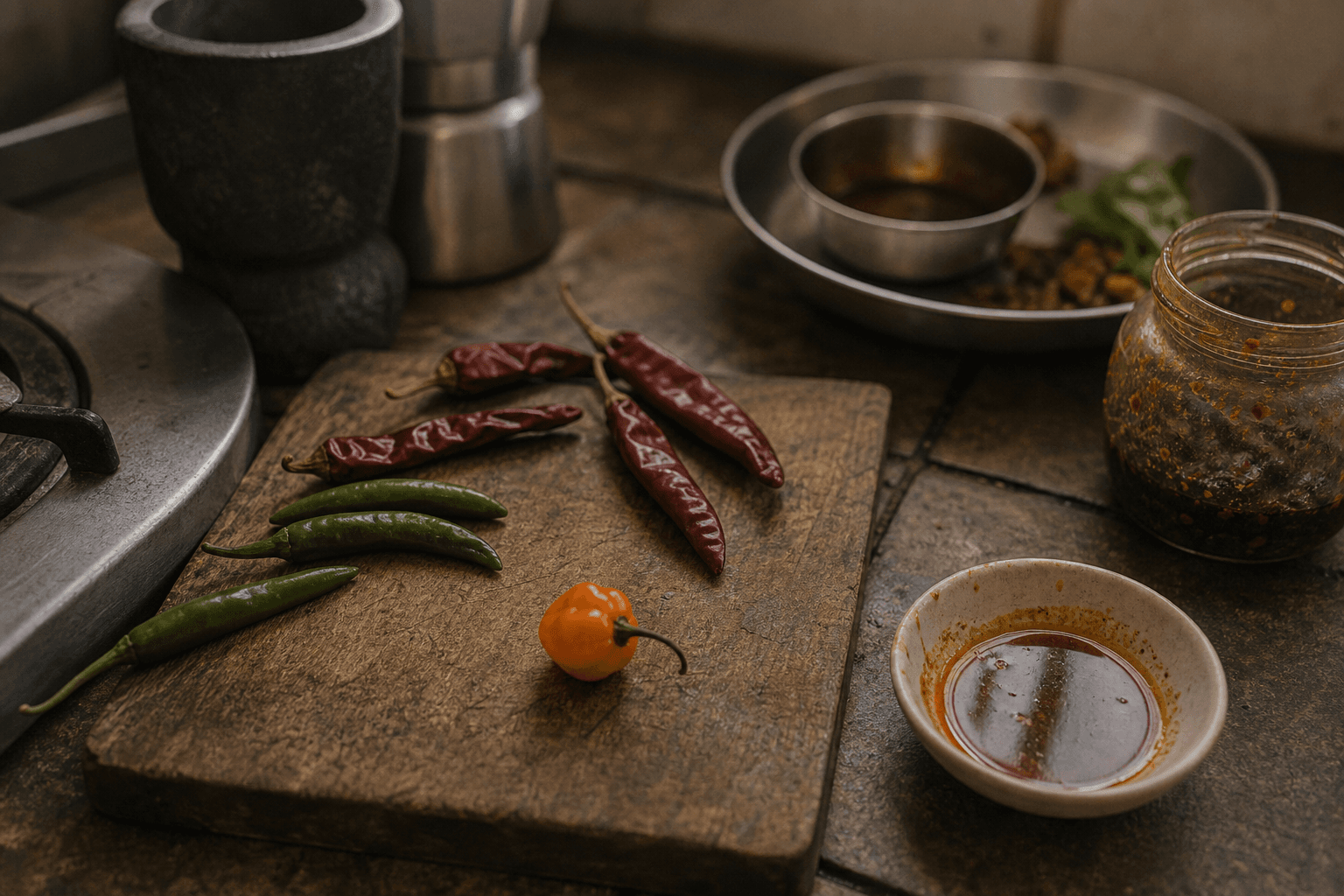 Orange habanero beside Indian green and dried red chillies in a California diaspora kitchen