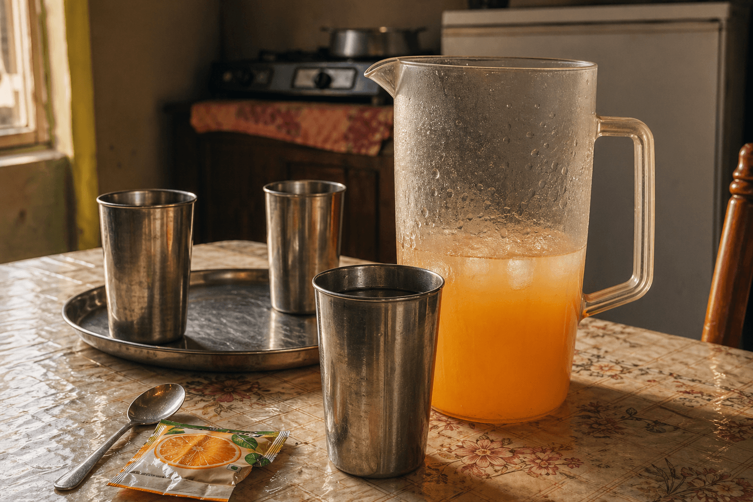 Diluted orange Rasna in a summer home setting with steel glasses and a jug from childhood afternoons