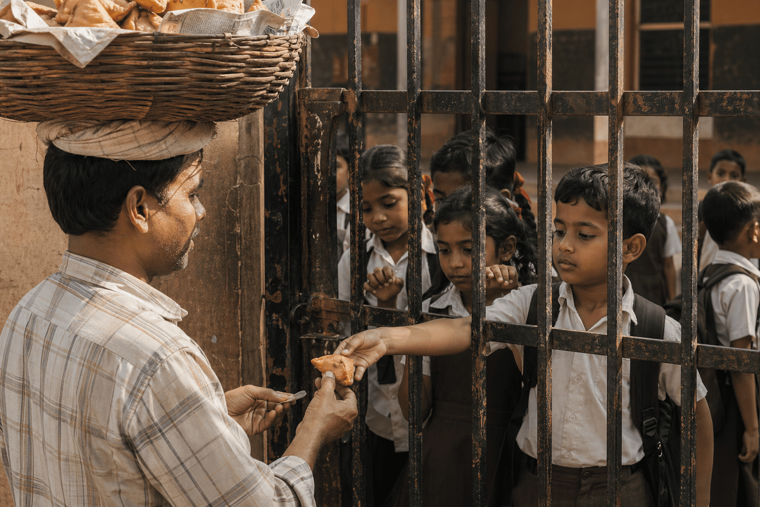 School-gate samosa passed through iron bars while children exchange coins for a hot street snack