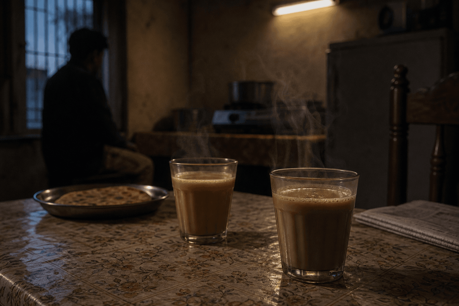 Pre-dawn chai cups on a quiet home table during sehri with dim kitchen light and early morning stillness