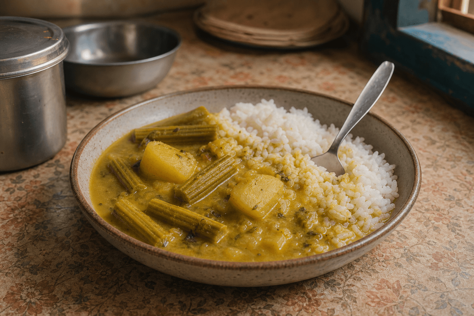 Sindhi curry with drumsticks and potatoes soaking into rice, carrying Partition migration memory in a home kitchen