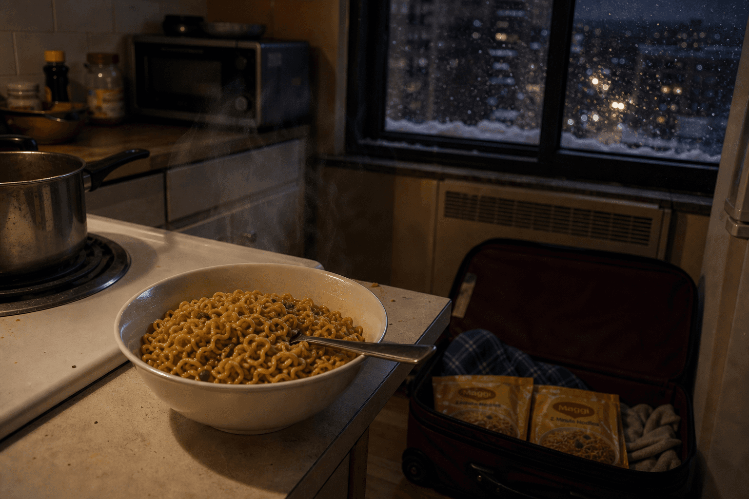 Bowl of homemade Maggi noodles in a 1990s American apartment kitchen with packets from a suitcase and snow outside