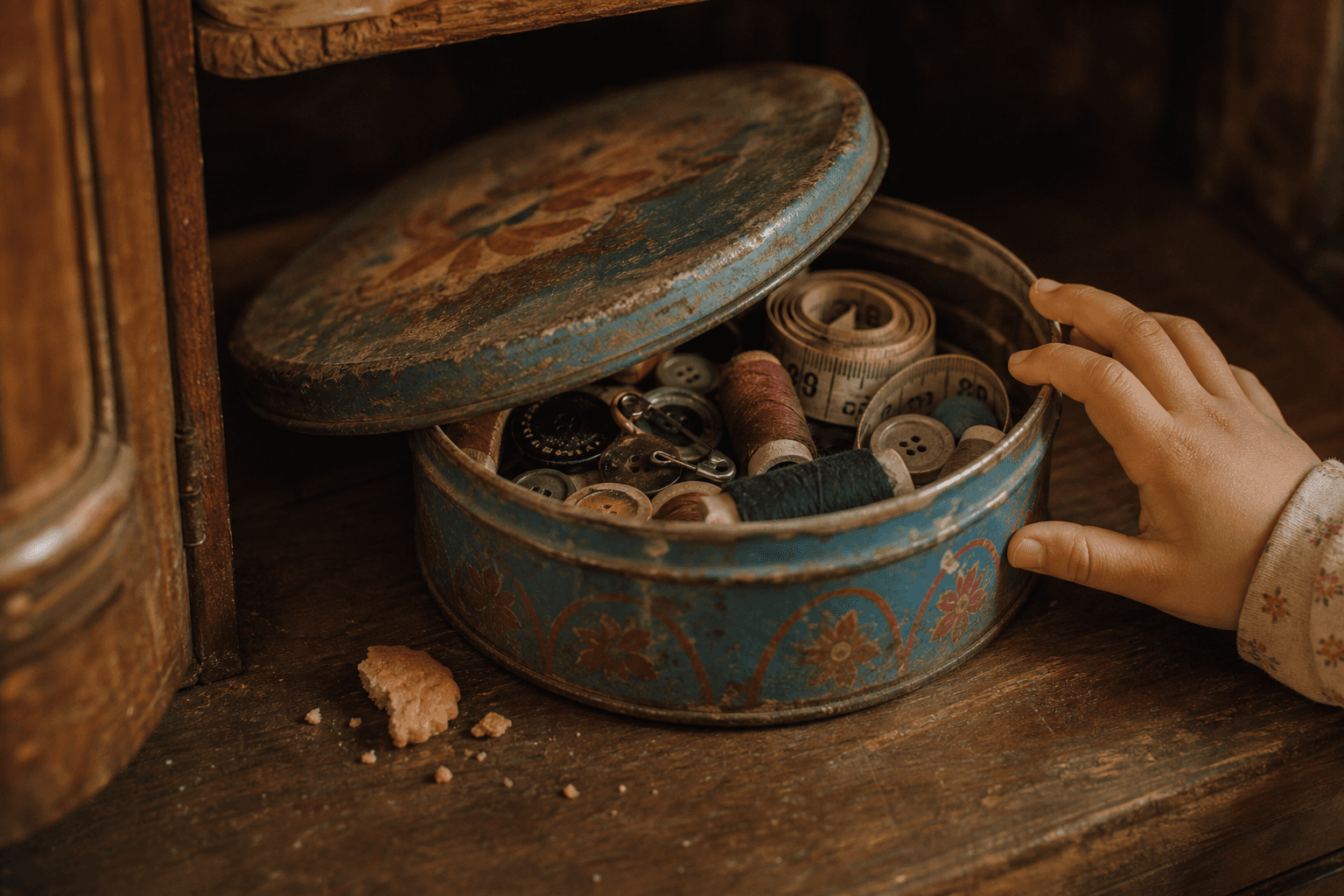Old biscuit tin inside Dadi's wooden almari filled with thread, buttons, safety pins, and childhood disappointment