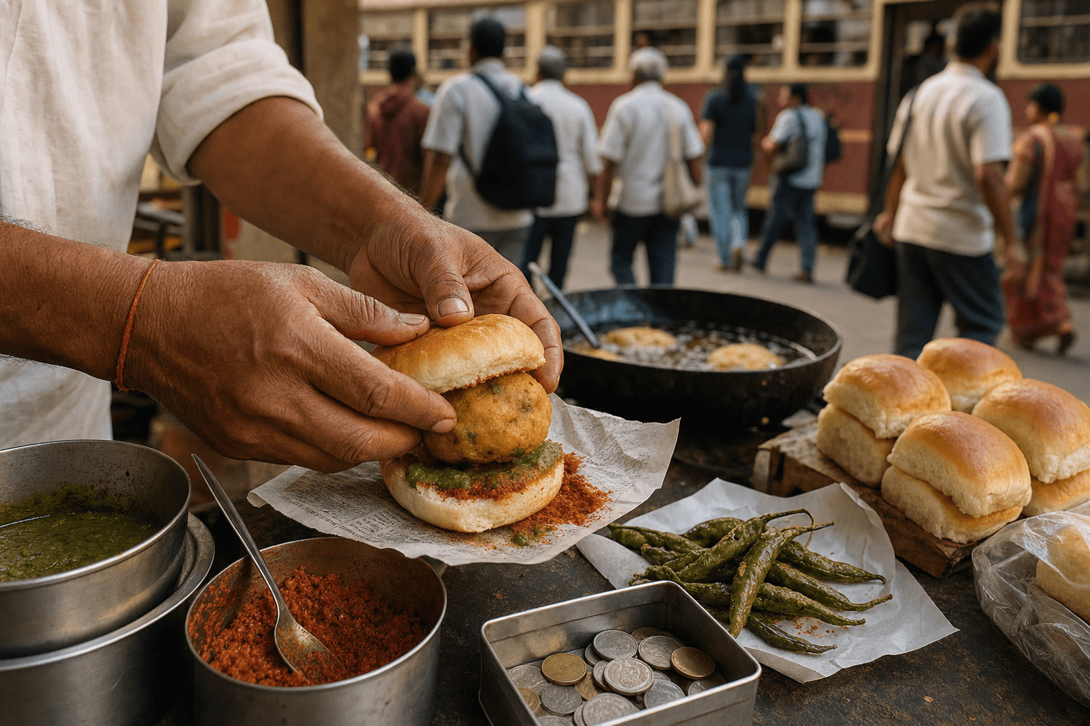 A Mumbai vada pav vendor pressing a hot vada into pav near a busy bus stop.